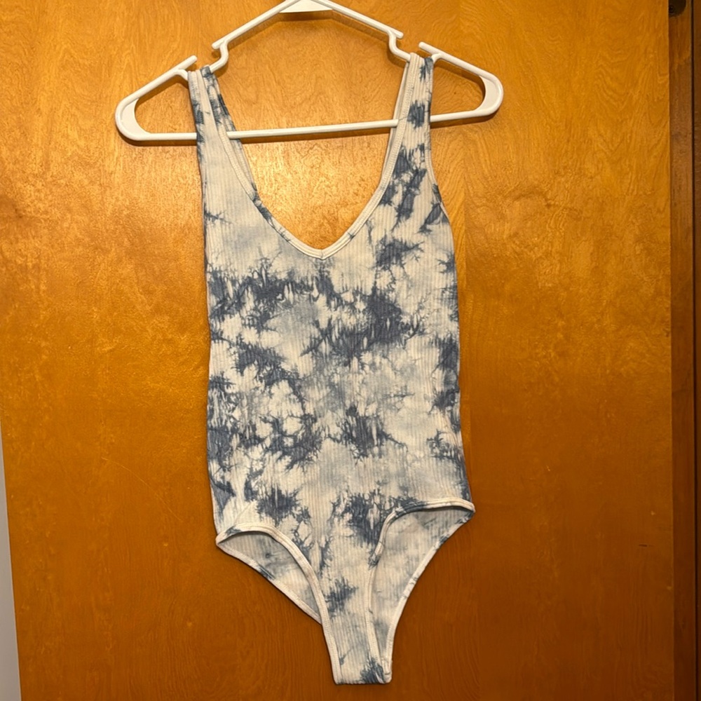 Blue and white tie-dye tank body suit